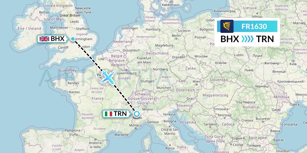 FR1630 Ryanair Flight Map: Birmingham to Turin