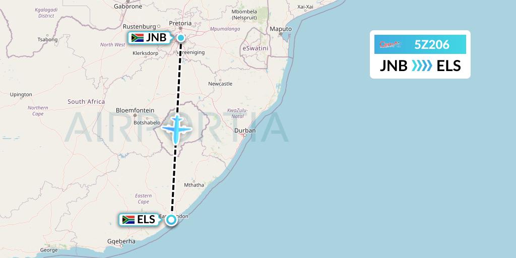 5Z206 CemAir Flight Map: Johannesburg to East London