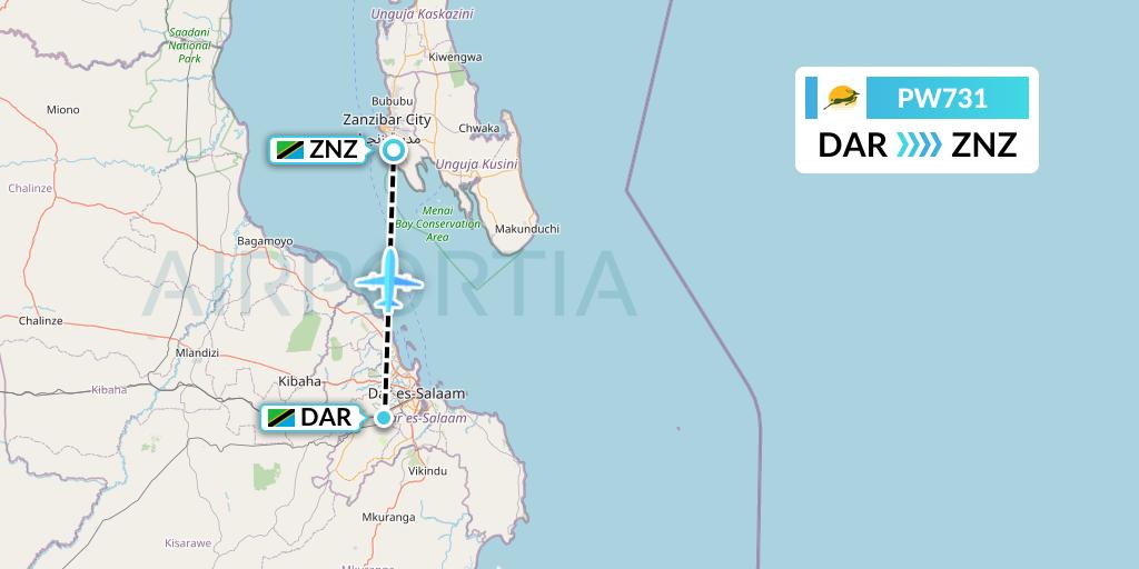 PW731 Precision Air Flight Map: Dar-es-Salaam to Zanzibar
