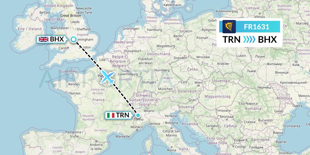 FR1631 Ryanair Flight Map: Turin to Birmingham