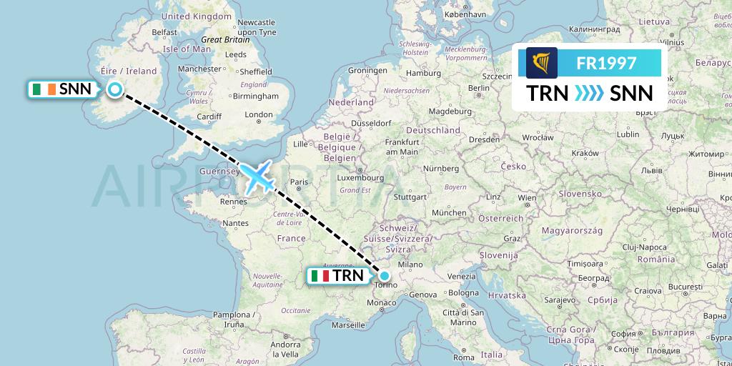 FR1997 Ryanair Flight Map: Turin to Shannon
