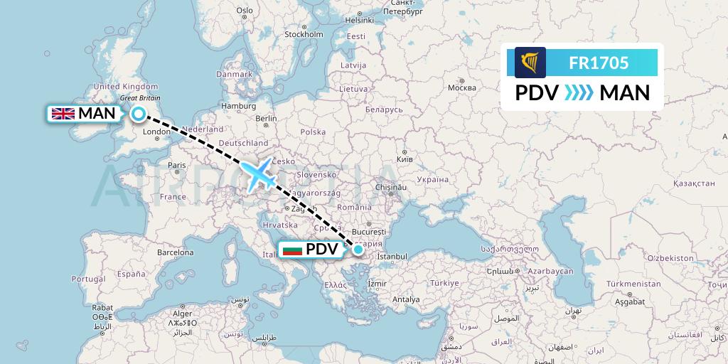 FR1705 Ryanair Flight Map: Plovdiv to Manchester