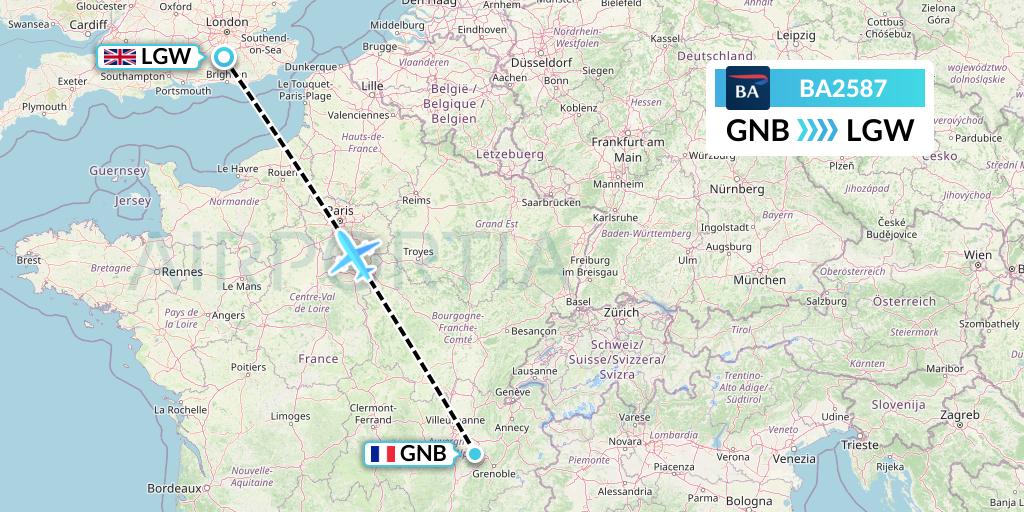 BA2587 British Airways Flight Map: Grenoble to London