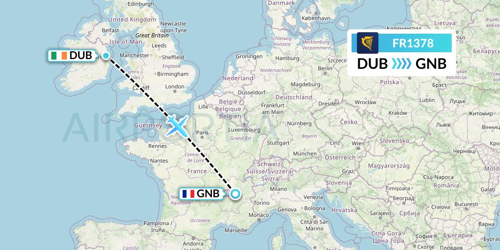 FR1378 Ryanair Flight Map: Dublin to Grenoble