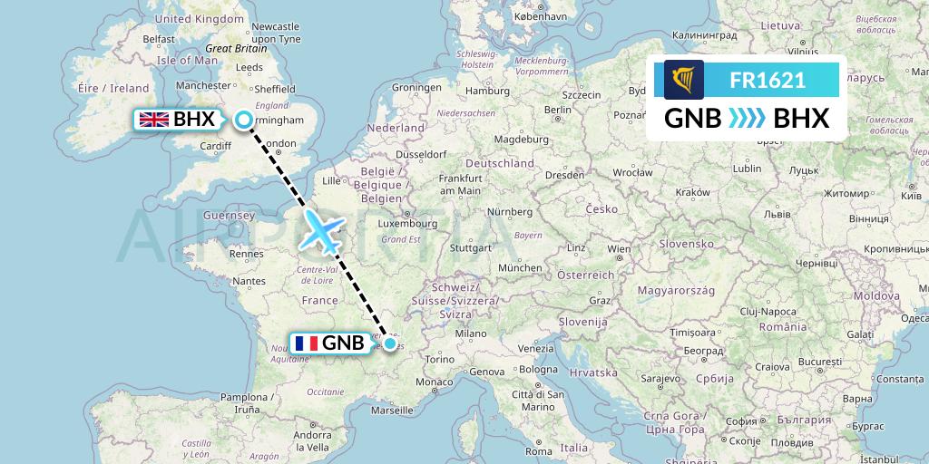 FR1621 Ryanair Flight Map: Grenoble to Birmingham