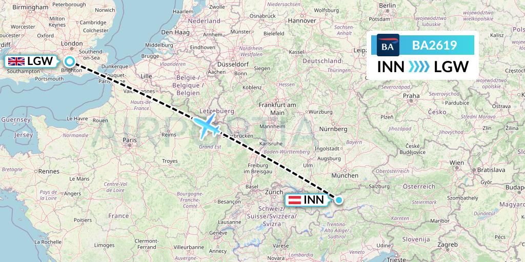 BA2619 British Airways Flight Map: Innsbruck to London