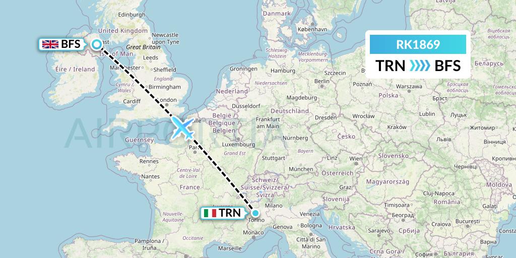 RK1869 Ryanair UK Flight Map: Turin to Belfast