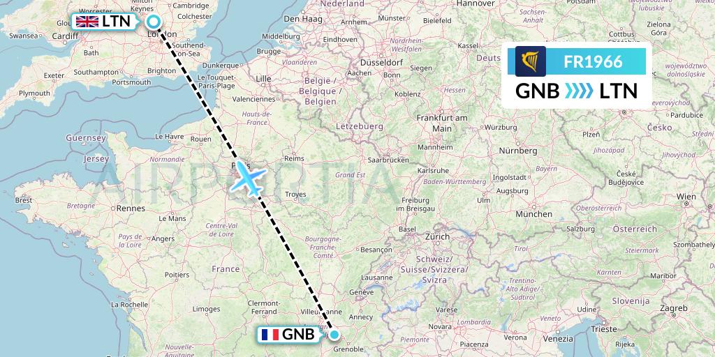 FR1966 Ryanair Flight Map: Grenoble to London
