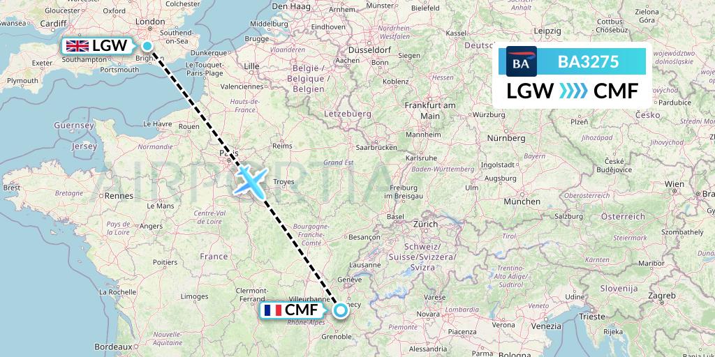 BA3275 British Airways Flight Map: London to Chambery