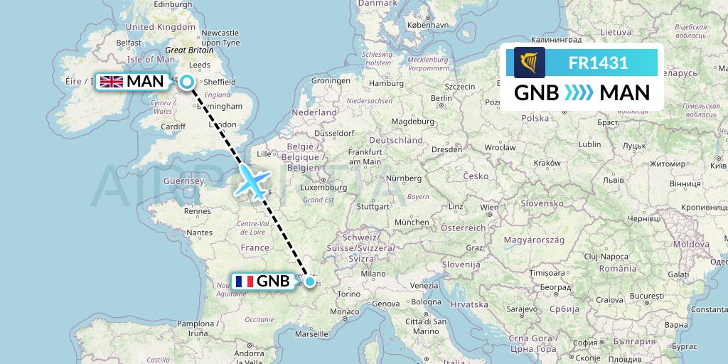 FR1431 Ryanair Flight Map: Grenoble to Manchester