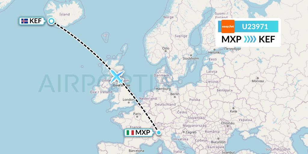 U23971 EasyJet Flight Map: Milan to Reykjavik