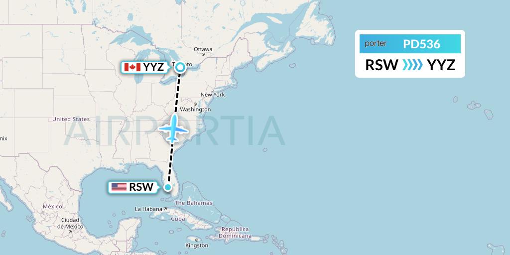 PD536 Porter Airlines Flight Map: Fort Myers to Toronto