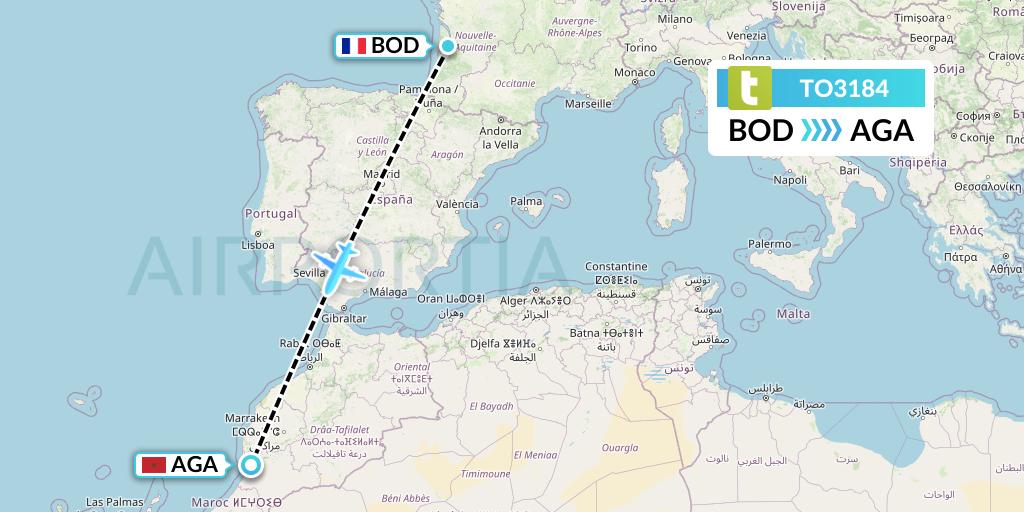TO3184 Transavia France Flight Map: Bordeaux to Agadir
