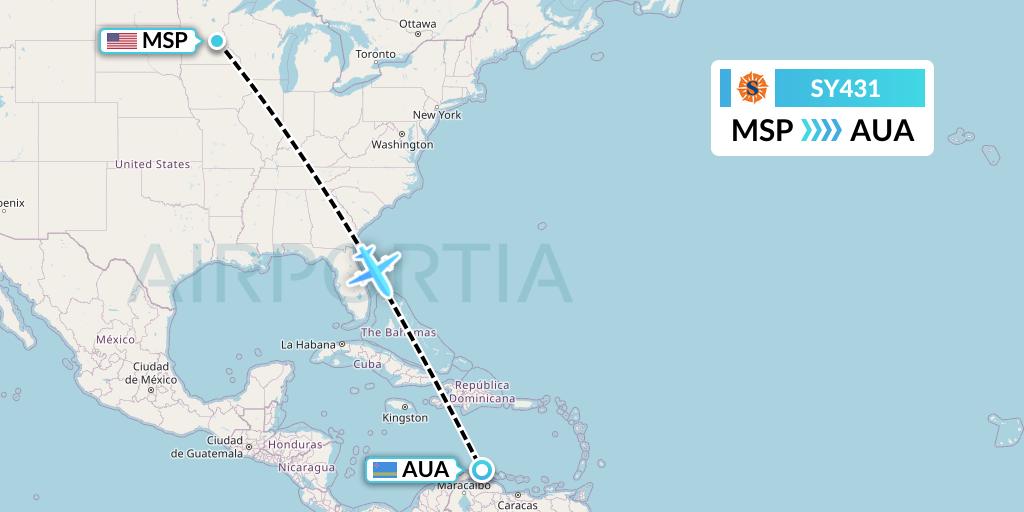 SY431 Sun Country Airlines Flight Map: Minneapolis to Oranjestad