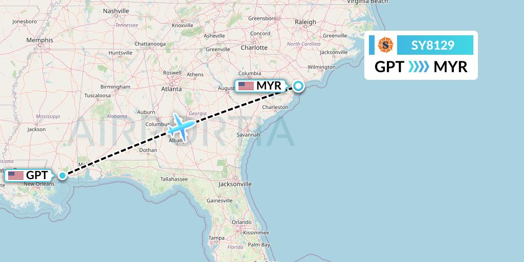 SY8129 Sun Country Airlines Flight Map: Gulfport to Myrtle Beach