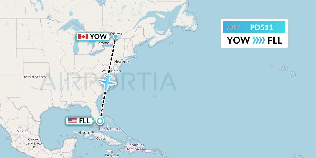 PD511 Porter Airlines Flight Map: Ottawa to Fort Lauderdale