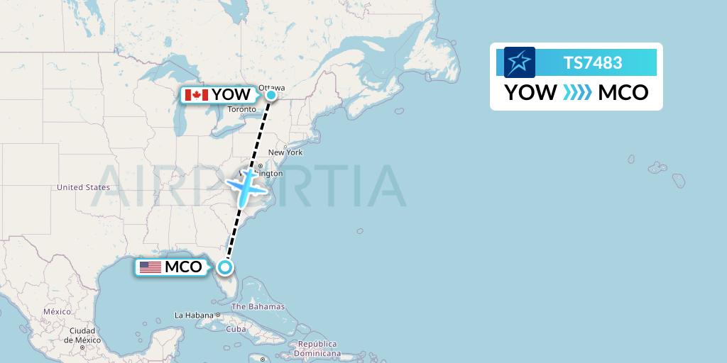 TS7483 Air Transat Flight Map: Ottawa to Orlando