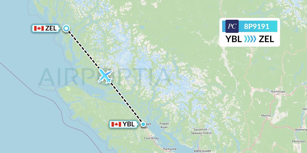 8P9191 Pacific Coastal Airlines Flight Map: Campbell River to Bella Bella