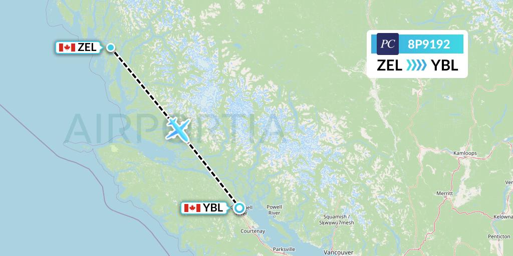 8P9192 Pacific Coastal Airlines Flight Map: Bella Bella to Campbell River