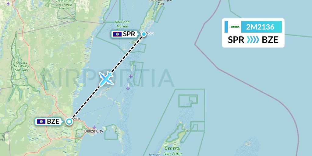 2M2136 Maya Island Air Flight Map: San Pedro to Belize City