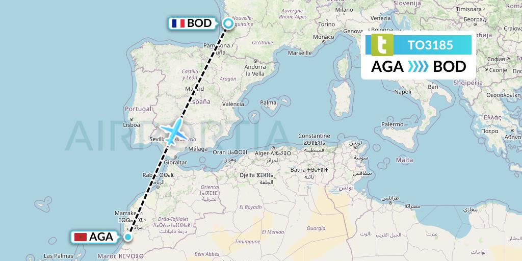 TO3185 Transavia France Flight Map: Agadir to Bordeaux