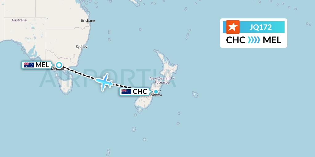 JQ172 Jetstar Airways Flight Map: Christchurch to Melbourne