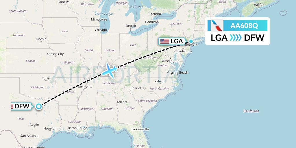 AA608Q American Airlines Flight Map: New York to Dallas