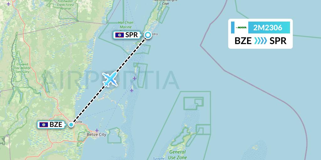 2M2306 Maya Island Air Flight Map: Belize City to San Pedro