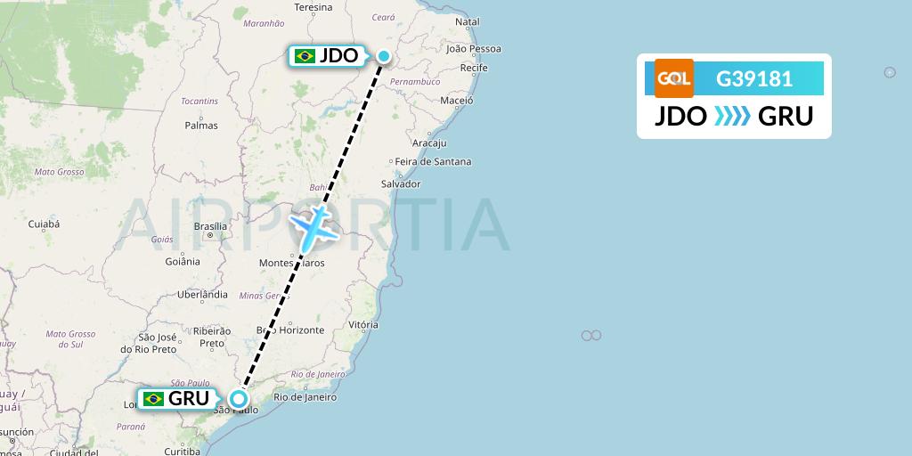 G39181 GOL Transportes Aeros Flight Map: Juazeiro Do Norte to Sao Paulo