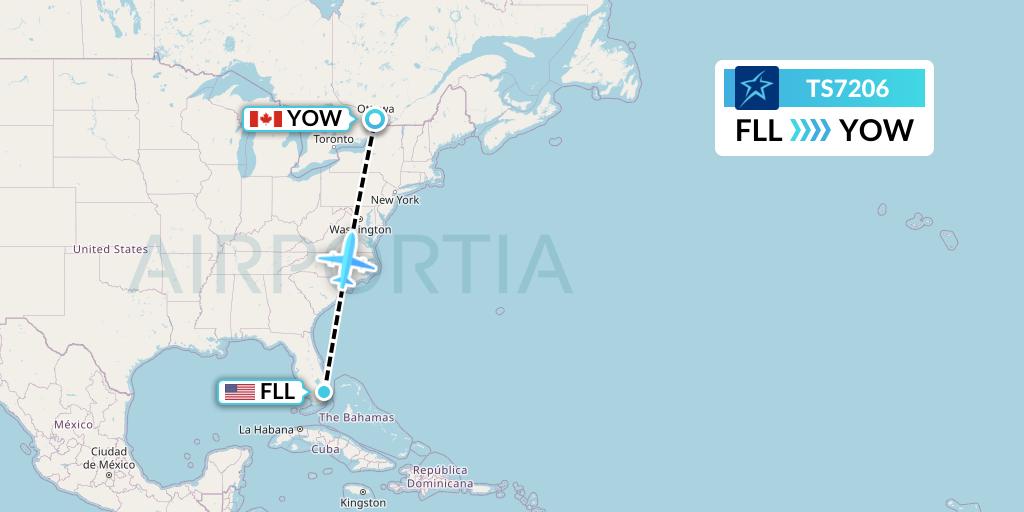 TS7206 Air Transat Flight Map: Fort Lauderdale to Ottawa