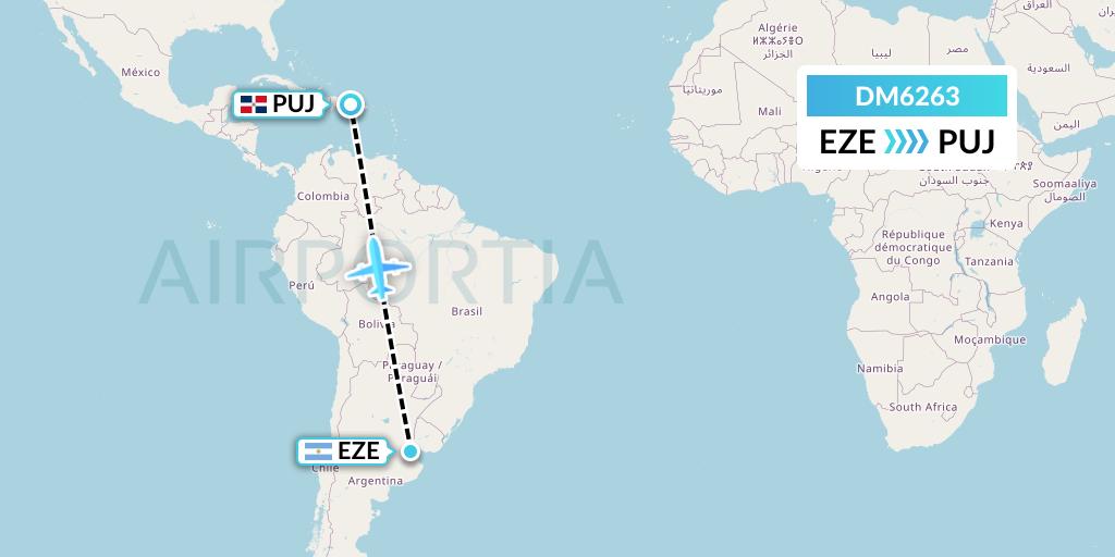 DM6263 Arajet Flight Map: Buenos Aires to Punta Cana