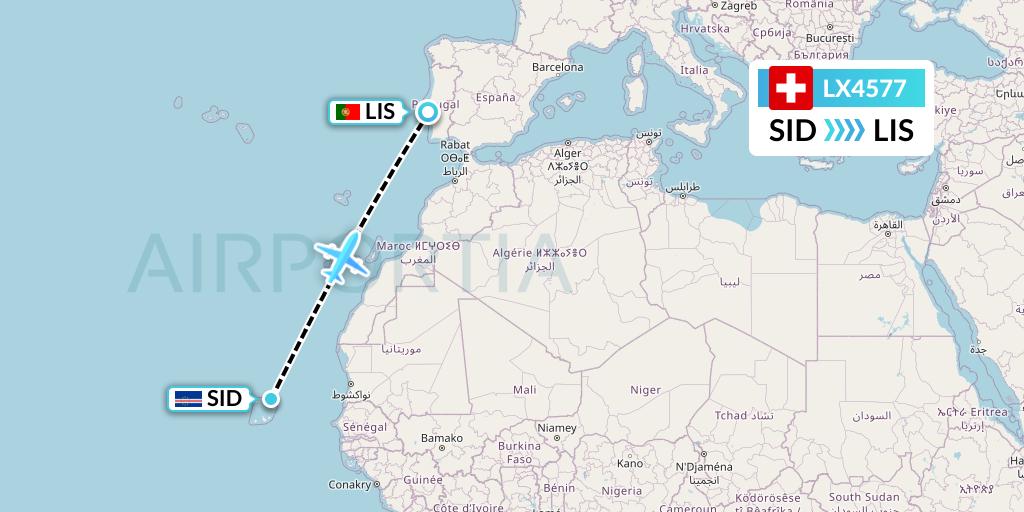 LX4577 Swiss Flight Map: Espargos to Lisbon