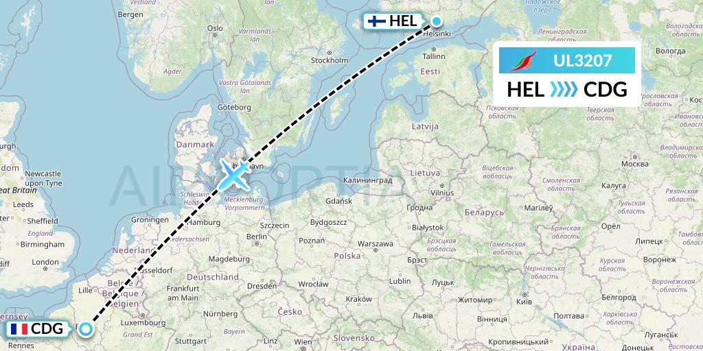 UL3207 SriLankan Airlines Flight Map: Helsinki to Paris