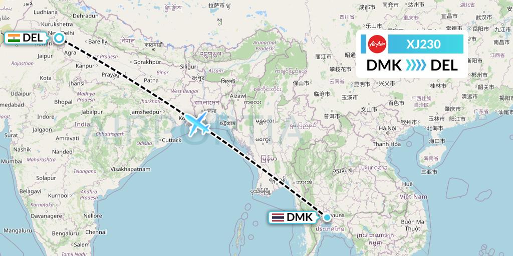 XJ230 Thai AirAsia X Flight Map: Bangkok to Delhi