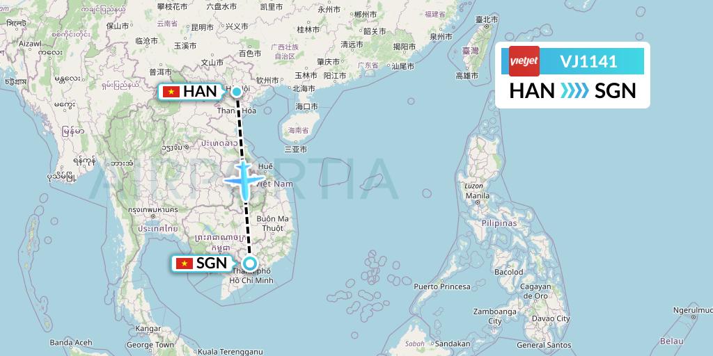 VJ1141 VietJet Air Flight Map: Hanoi to Ho Chi Minh City