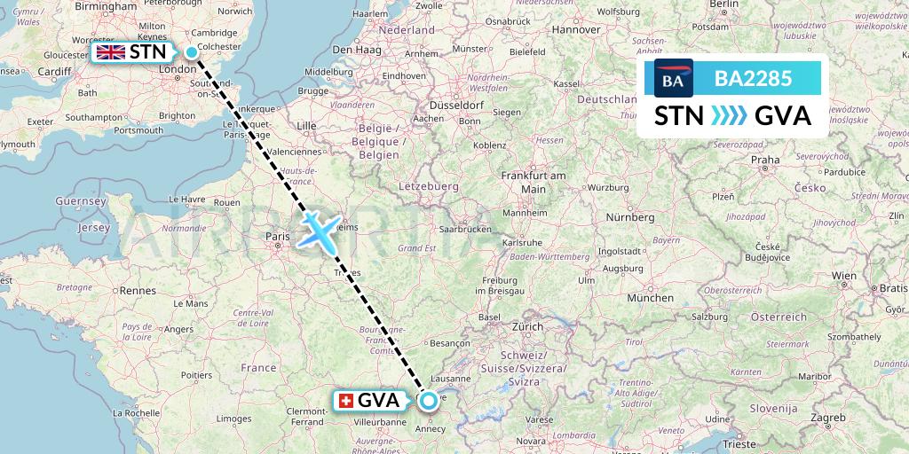 BA2285 British Airways Flight Map: London to Geneva