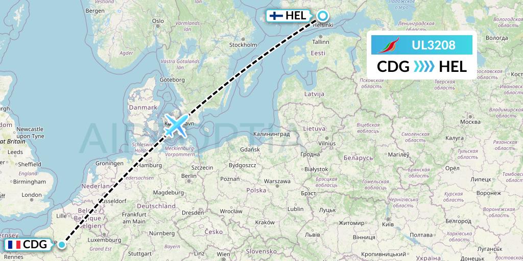 UL3208 SriLankan Airlines Flight Map: Paris to Helsinki
