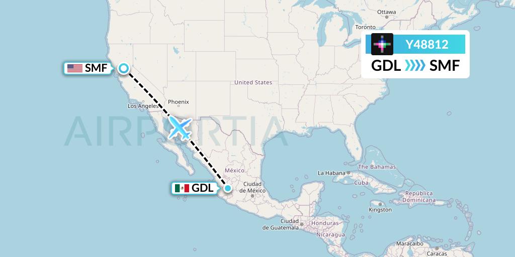 Y48812 Volaris Flight Map: Guadalajara to Sacramento