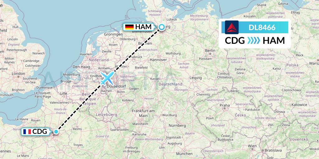 DL8466 Delta Air Lines Flight Map: Paris to Hamburg