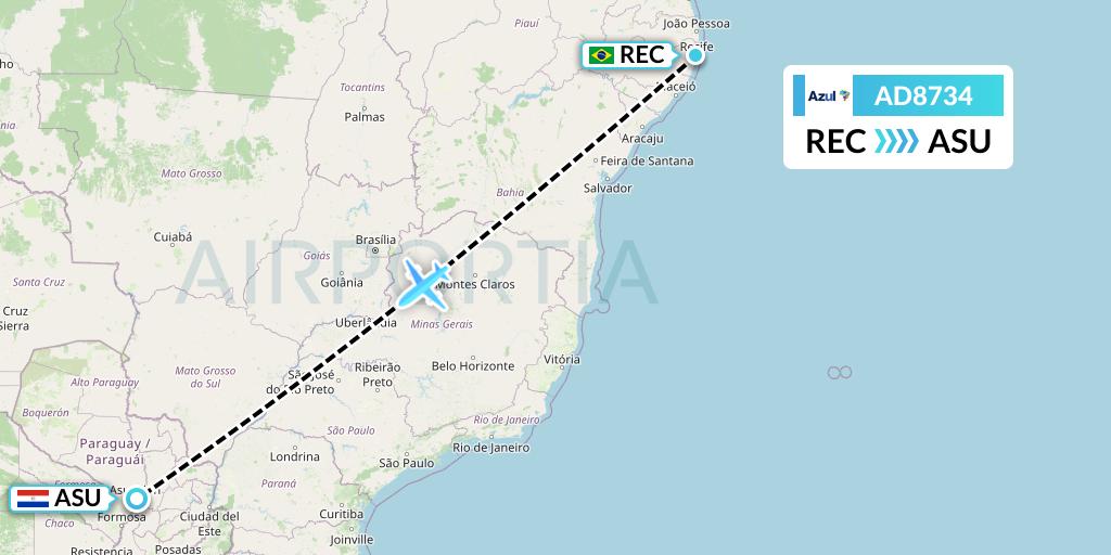 AD8734 Azul Brazilian Airlines Flight Map: Recife to Asuncion