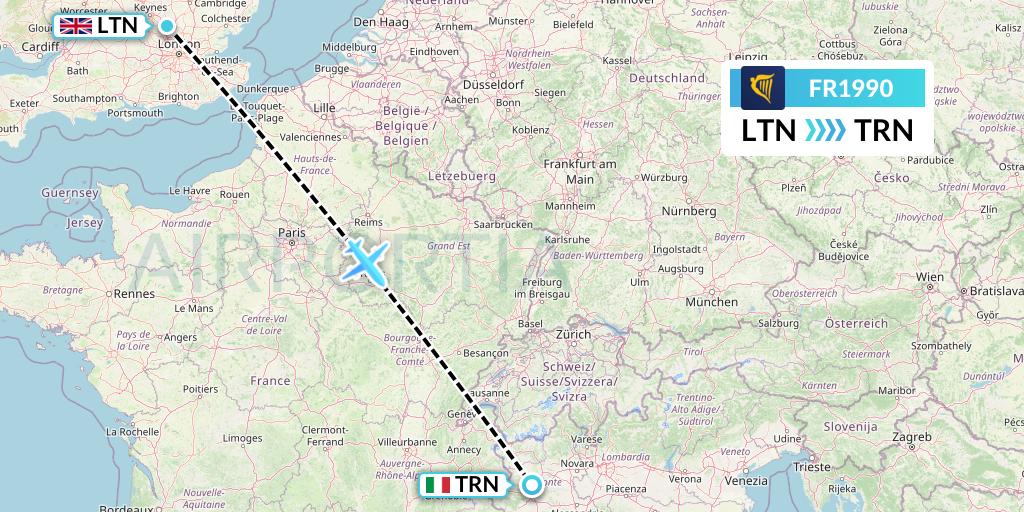 FR1990 Ryanair Flight Map: London to Turin