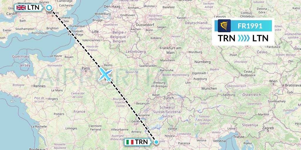 FR1991 Ryanair Flight Map: Turin to London