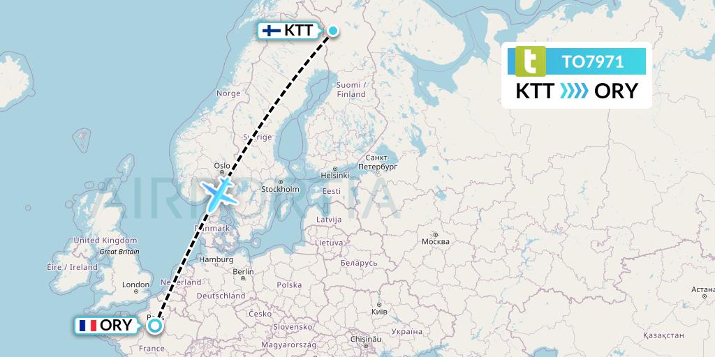 TO7971 Transavia France Flight Map: Kittila to Paris