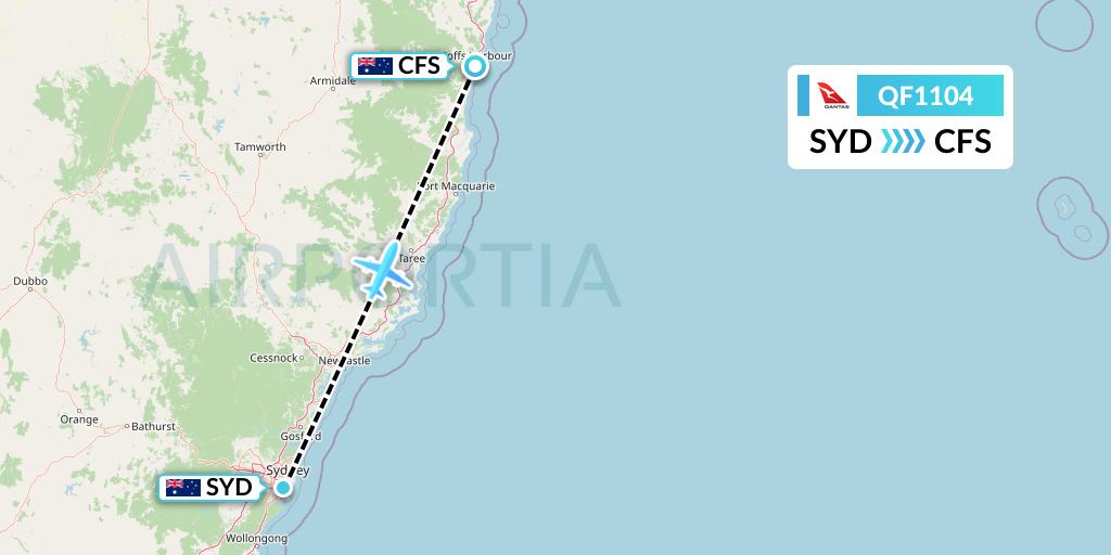 QF1104 Qantas Flight Map: Sydney to Coffs Harbour