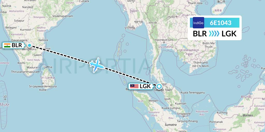 6E1043 IndiGo Airlines Flight Map: Bangalore to Langkawi