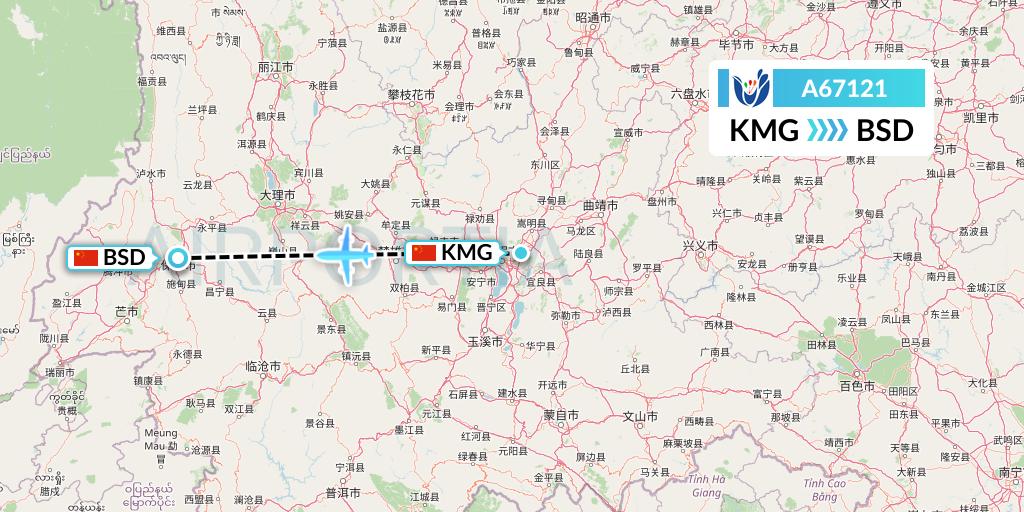 A67121 Hongtu Airlines Flight Map: Kunming to Baoshan