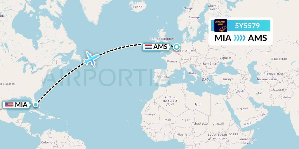 5Y5579 Atlas Air Flight Map: Miami to Amsterdam