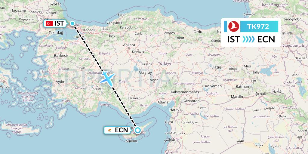 TK972 Turkish Airlines Flight Map: Istanbul to Tymvou