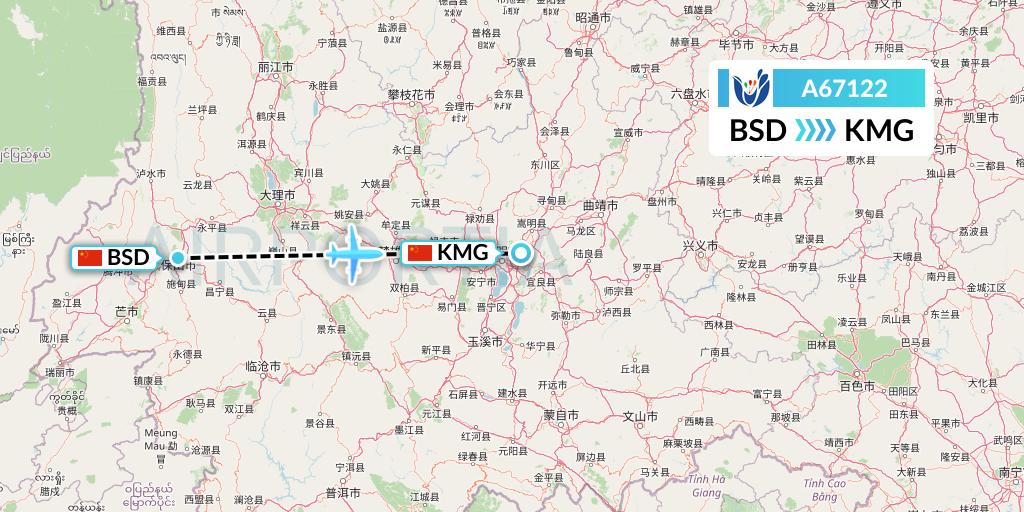 A67122 Hongtu Airlines Flight Map: Baoshan to Kunming