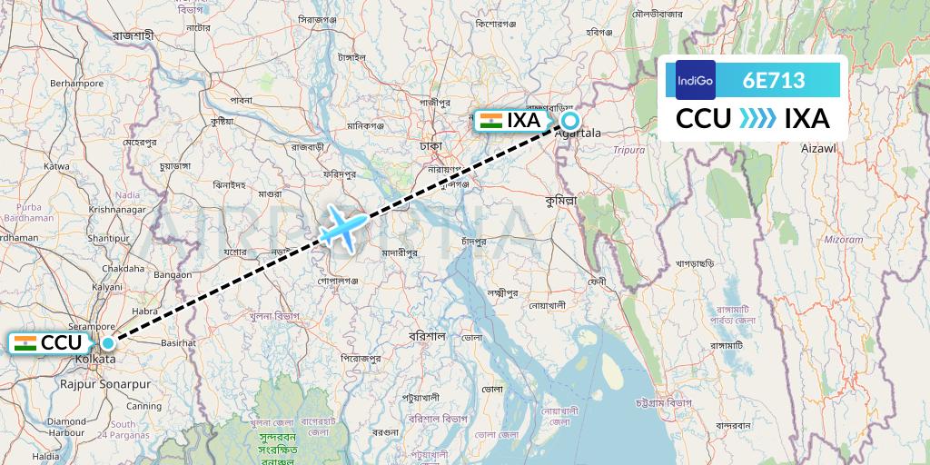6E713 IndiGo Airlines Flight Map: Kolkata to Agartala